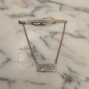 Vintage Sterling Silver & 14K Gold Two-Tone Tie Bar Clip with Safety Chain